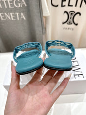 LOEWE 26S PETAL ANAGRAM SLIDE IN TEAL BLUE CALFSKIN