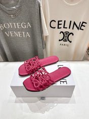 LOEWE 26S PETAL ANAGRAM SLIDE IN DARK ROSE PINK CALFSKIN