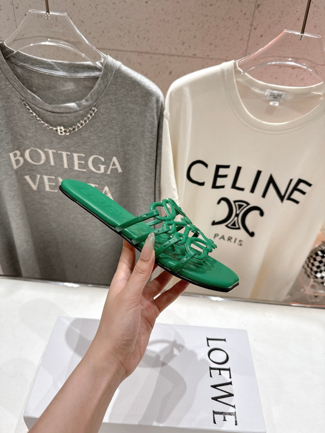 LOEWE 26S PETAL ANAGRAM SLIDE IN GREEN CALFSKIN