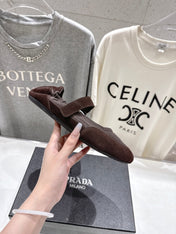 PRADA 25S COLLAPSE RE NYLON AND SUEDE BALLERINAS IN COFFEE