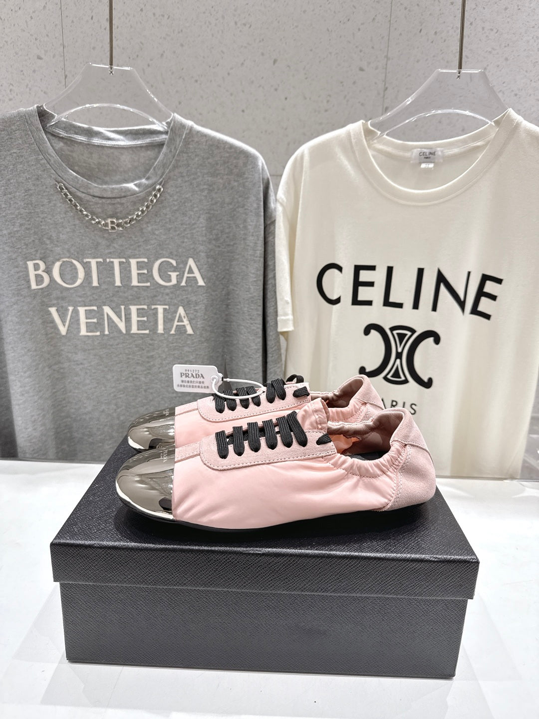 PRADA 25S COLLAPSE RE NYLON AND SUEDE SNEAKERS IN LIGHT PINK WITH METAL TOECAP