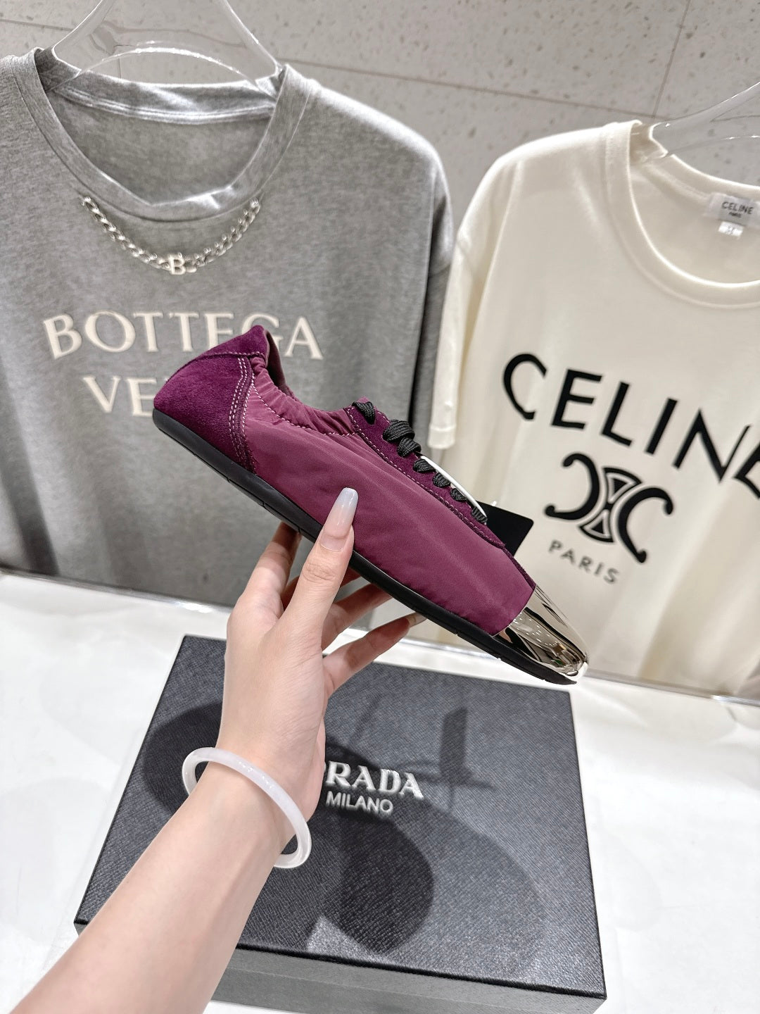 PRADA 25S COLLAPSE RE NYLON AND SUEDE SNEAKERS IN PLUM WITH METAL TOECAP