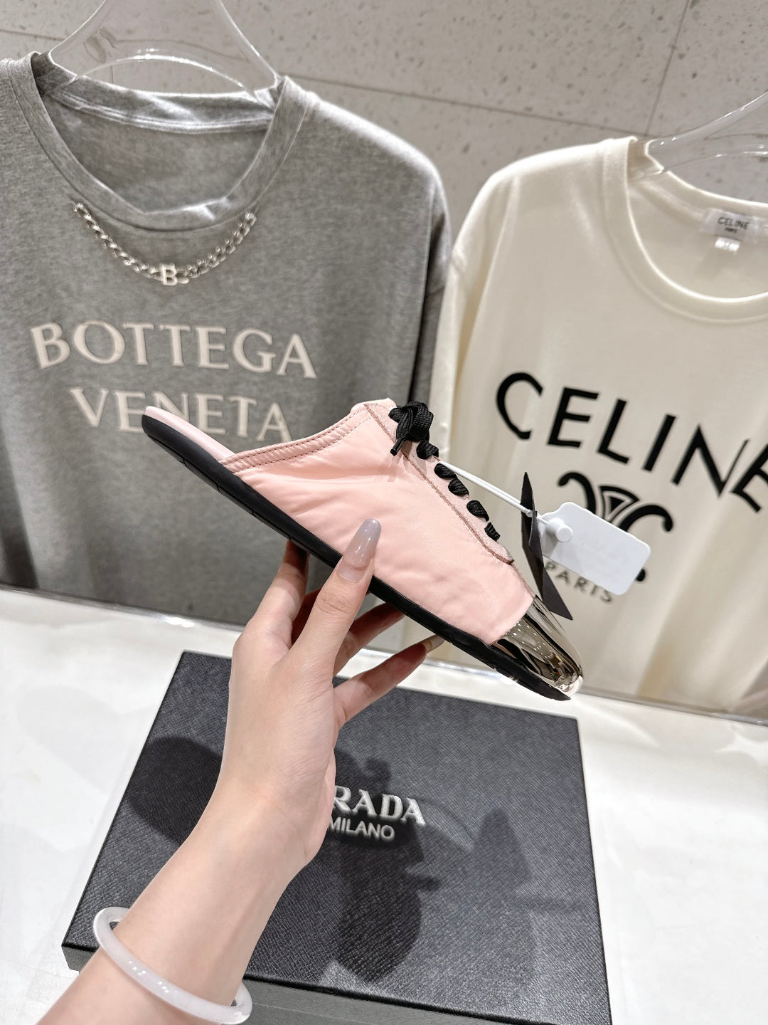 PRADA 25S MULES IN LIGHT PINK WITH METAL TOECAP
