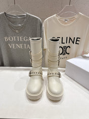 DIOR 25S BIKER BOOTS IN CREAM WHITE CALFSKIN WITH SILVER HARDWARE