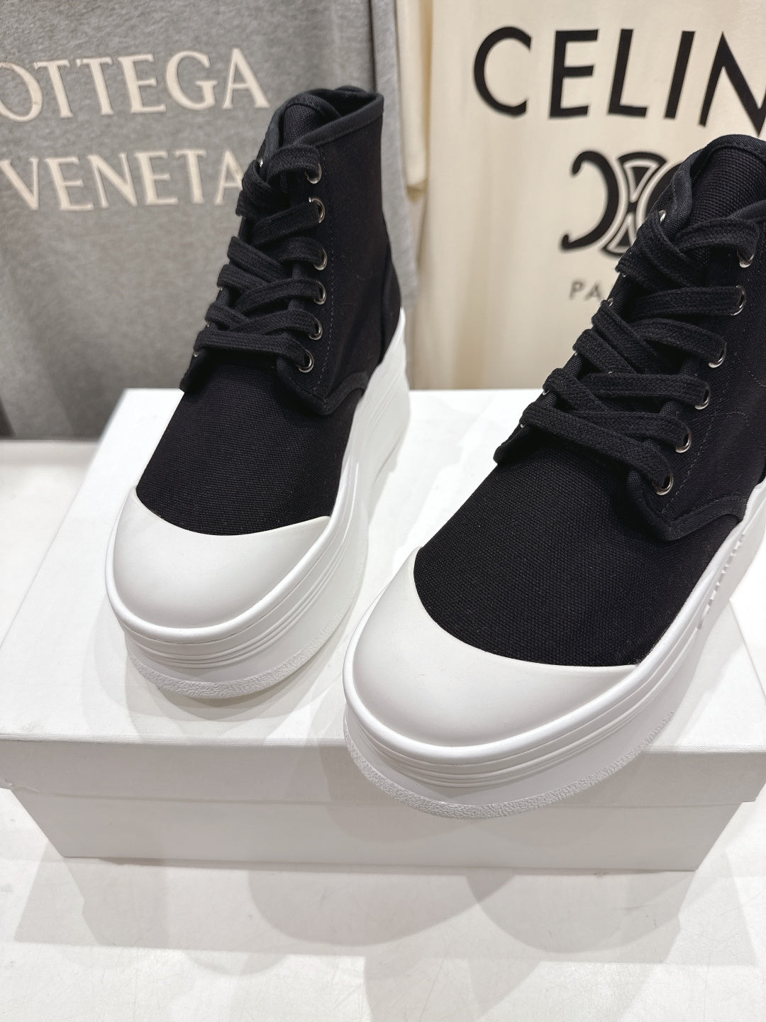 CELINE 26S BOOTS IN WHITE AND BLACK CANVAS