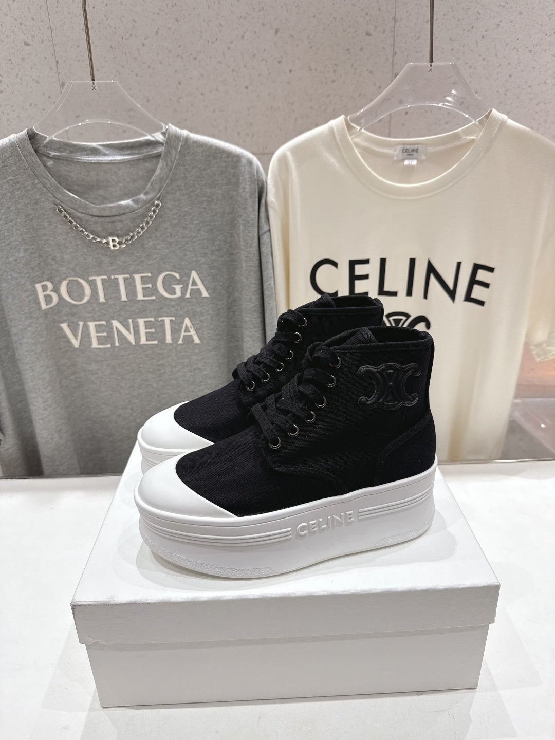 CELINE 26S BOOTS IN WHITE AND BLACK CANVAS