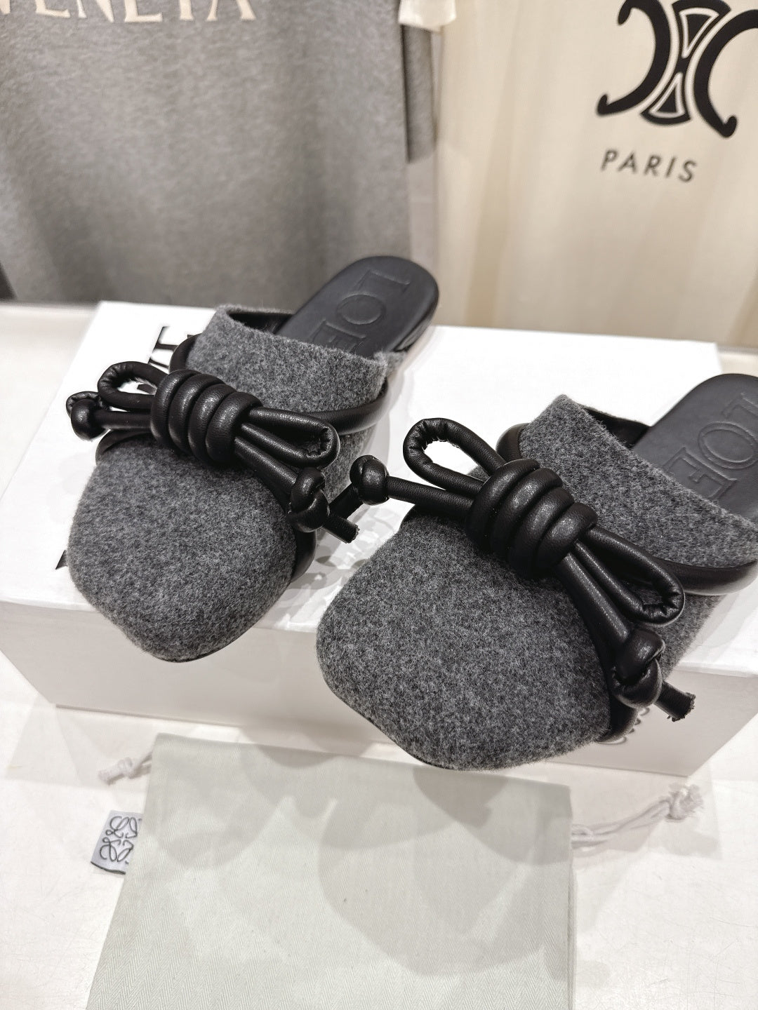 LOEWE 26S MULE LOAFERS IN DARK GREY CALFSKIN AND FABRIC KNOT DETAIL
