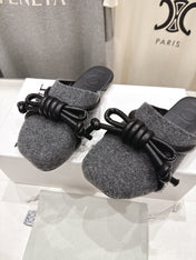 LOEWE 26S MULE LOAFERS IN DARK GREY CALFSKIN AND FABRIC KNOT DETAIL