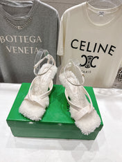 BOTTEGA VENETA 26S HIGH-HEEL SANDALS IN OFF WHITE LAMBSKIN AND SHEARLING