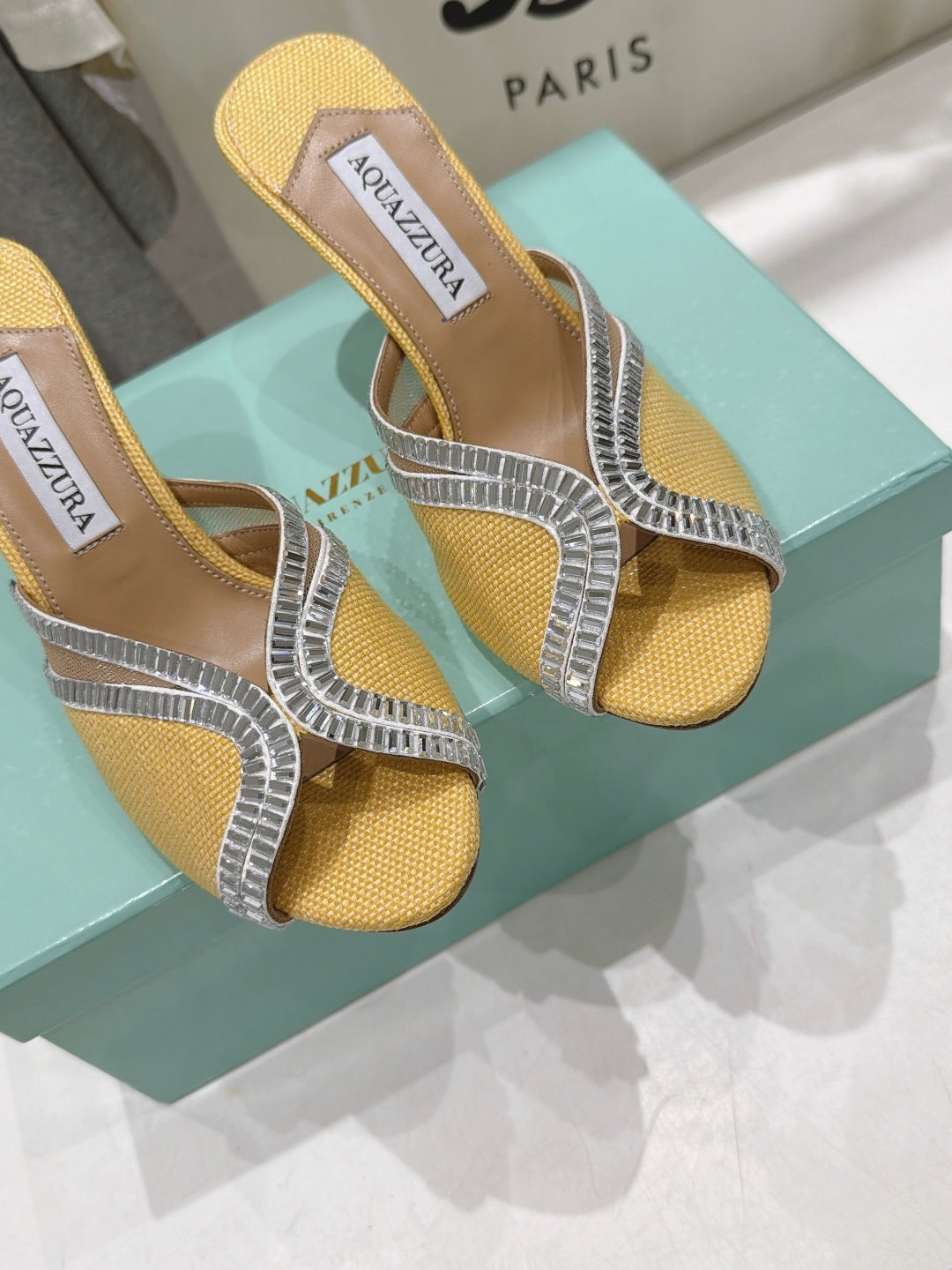 AQUAZZURA 26S HEEL SANDALS 80 MM IN YELLOW CANVAS WITH CRYSTALS