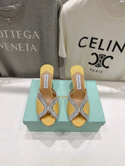 AQUAZZURA 26S HEEL SANDALS 80 MM IN YELLOW CANVAS WITH CRYSTALS
