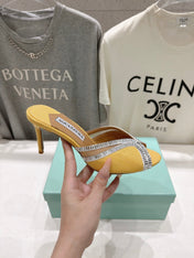 AQUAZZURA 26S HEEL SANDALS 80 MM IN YELLOW CANVAS WITH CRYSTALS