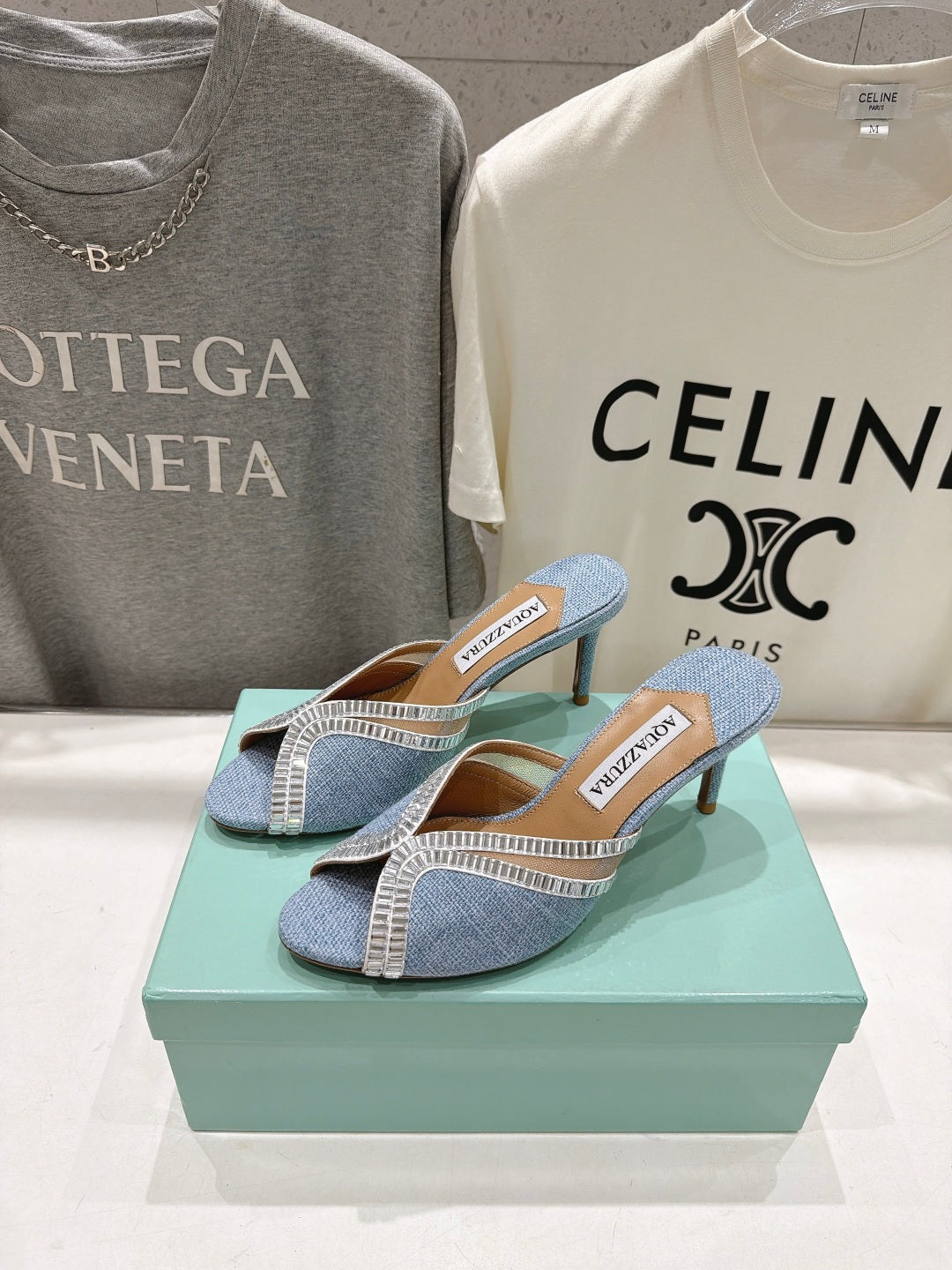 AQUAZZURA 26S HEEL SANDALS 80 MM IN SKY BLUE CANVAS WITH CRYSTALS
