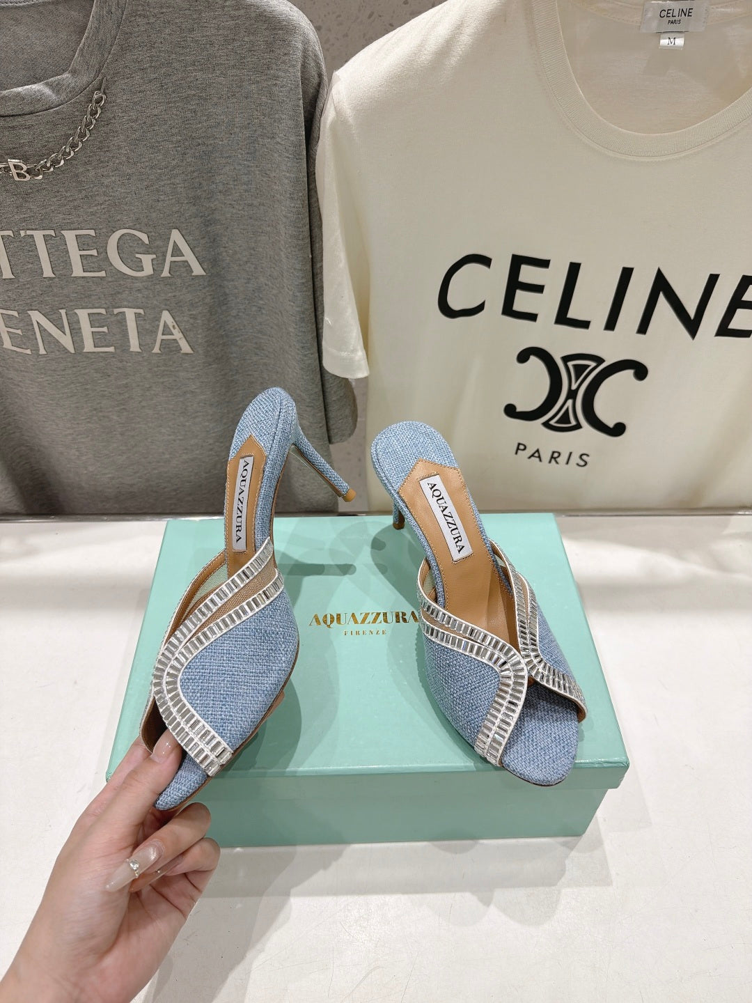 AQUAZZURA 26S HEEL SANDALS 80 MM IN SKY BLUE CANVAS WITH CRYSTALS