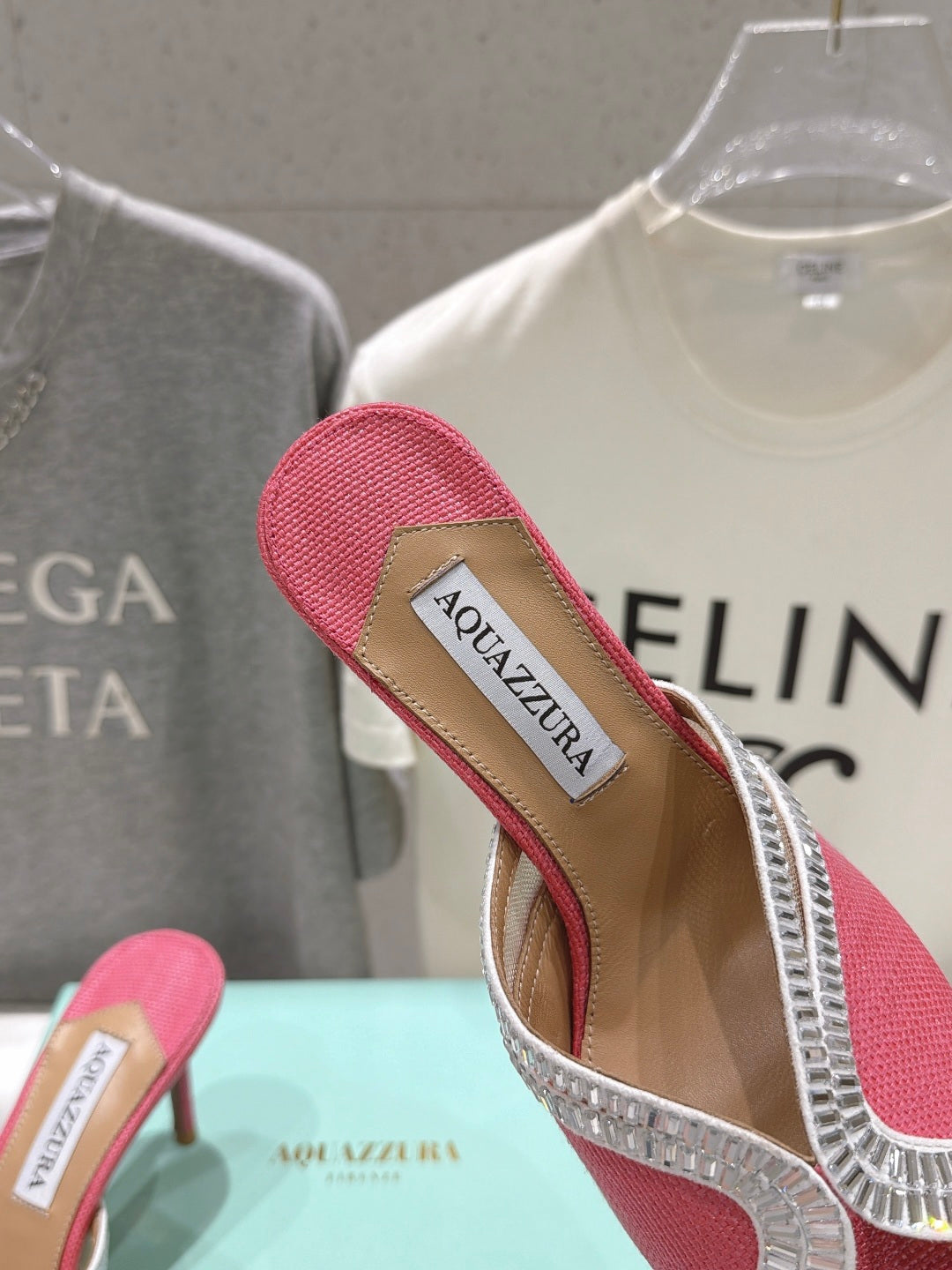AQUAZZURA 26S HEEL SANDALS 80 MM IN CORAL PINK CANVAS WITH CRYSTALS