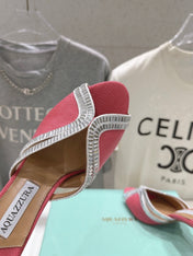 AQUAZZURA 26S HEEL SANDALS 80 MM IN CORAL PINK CANVAS WITH CRYSTALS