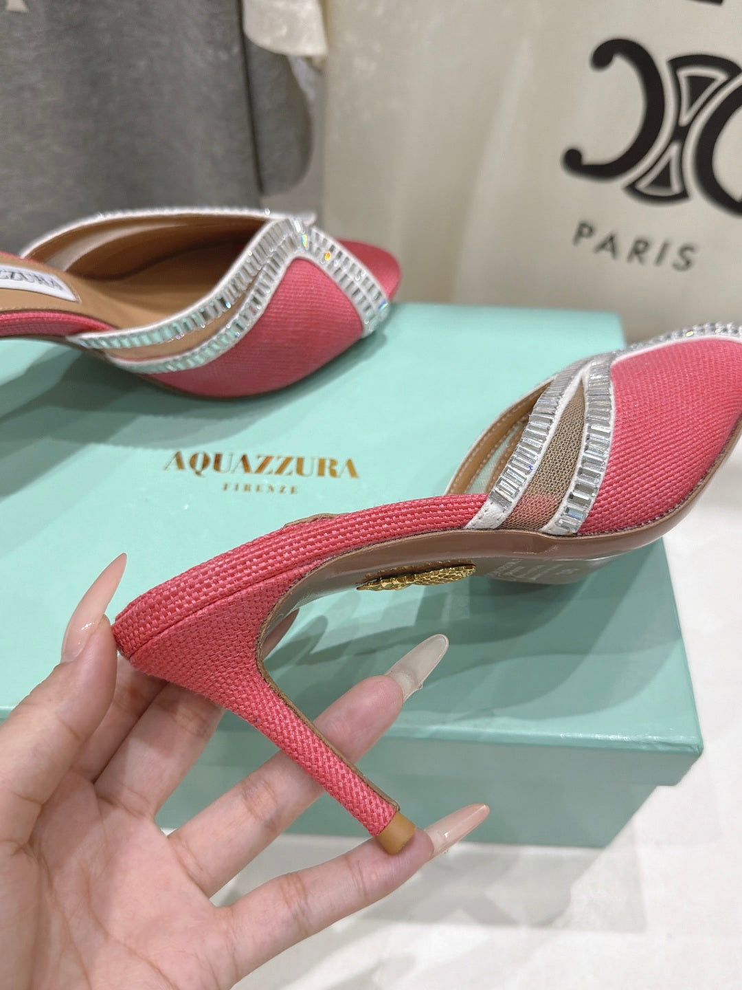 AQUAZZURA 26S HEEL SANDALS 80 MM IN CORAL PINK CANVAS WITH CRYSTALS