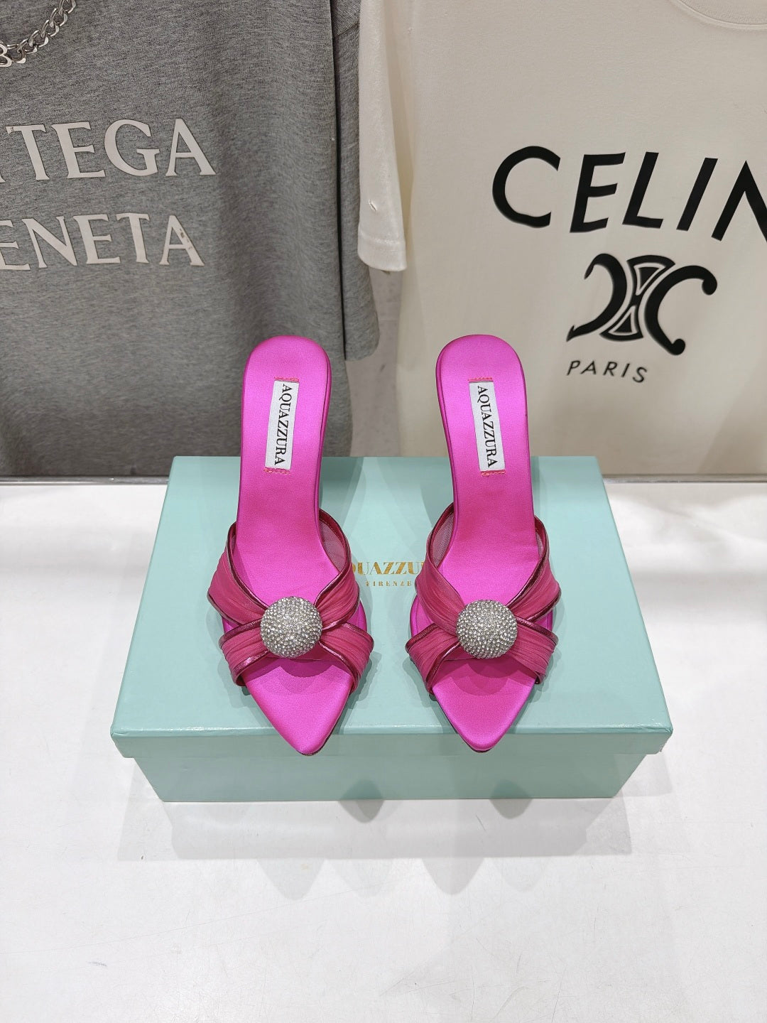 AQUAZZURA 26S HEEL SANDALS 80 MM IN DARK PINK SATIN CRYSTAL-EMBELLISHED SPHERE