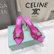 AQUAZZURA 26S HEEL SANDALS 80 MM IN DARK PINK SATIN CRYSTAL-EMBELLISHED SPHERE