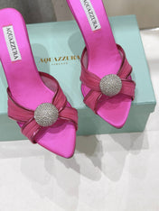 AQUAZZURA 26S HEEL SANDALS 80 MM IN DARK PINK SATIN CRYSTAL-EMBELLISHED SPHERE