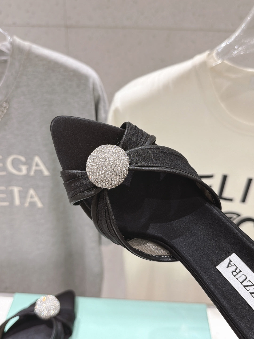 AQUAZZURA 26S HEEL SANDALS 80 MM IN BLACK SATIN CRYSTAL-EMBELLISHED SPHERE