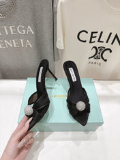 AQUAZZURA 26S HEEL SANDALS 80 MM IN BLACK SATIN CRYSTAL-EMBELLISHED SPHERE