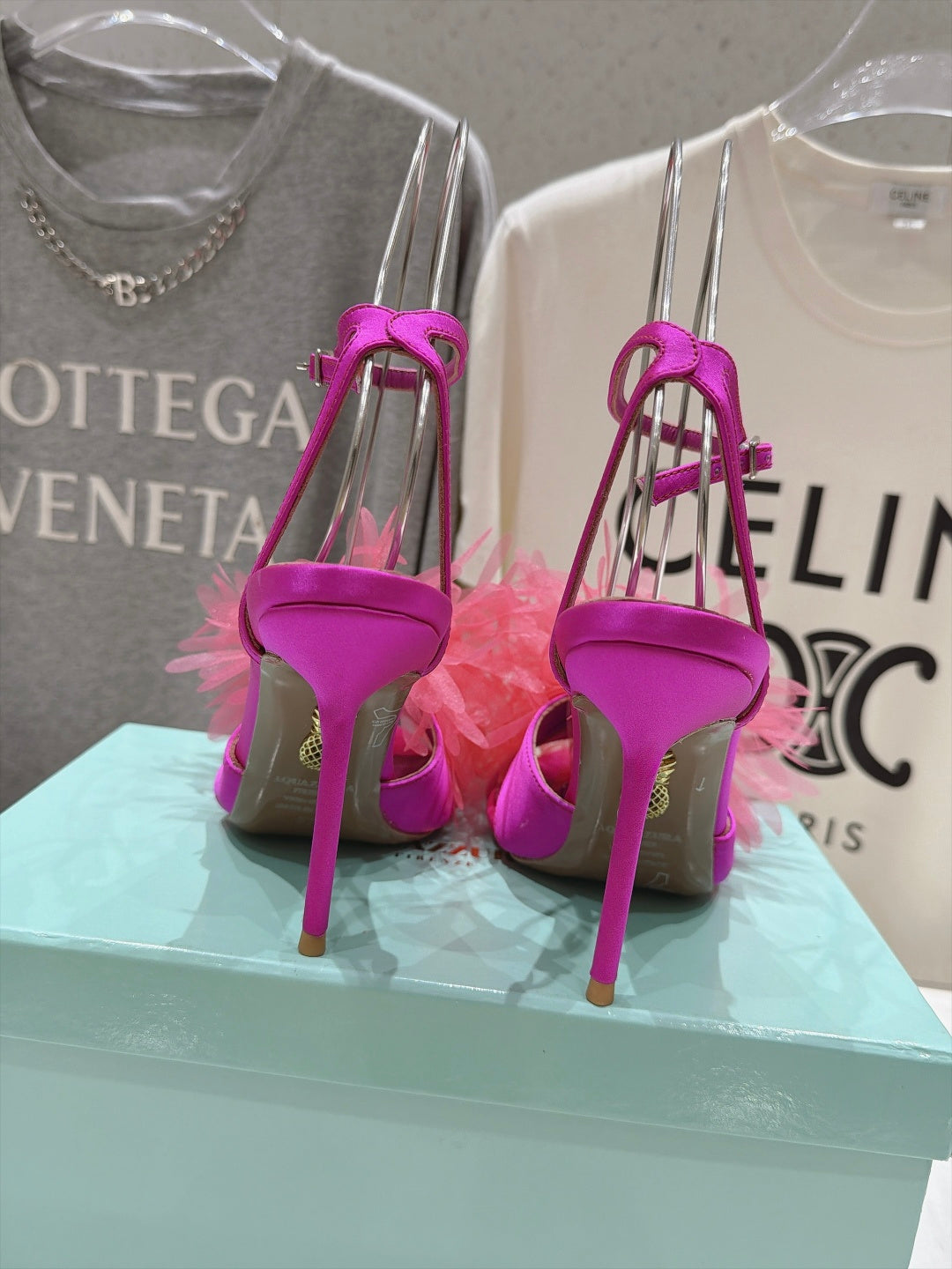 AQUAZZURA 26S BOUQUET HEELED SANDALS 100 MM IN PINK SATIN & CALFSKIN