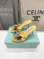 AQUAZZURA 26S FLORAL APPLIQUE SANDALS 80 MM IN YELLOW WOVEN FABRIC