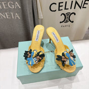 AQUAZZURA 26S FLORAL APPLIQUE SANDALS 80 MM IN YELLOW WOVEN FABRIC