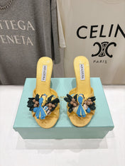 AQUAZZURA 26S FLORAL APPLIQUE SANDALS 80 MM IN YELLOW WOVEN FABRIC
