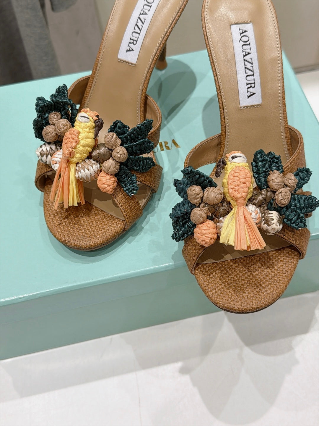 AQUAZZURA 26S FLORAL APPLIQUE SANDALS 80 MM IN BROWN WOVEN FABRIC