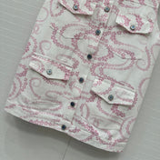 CC 25 Printed Denim Vest Jacket Pink White Cotton