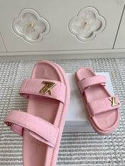 LV TWO-STRAP SANDALS 25S IN LIGHT PINK DENIM AND CALFSKIN  WITH GOLD HARDWARE