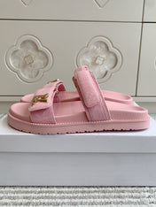 LV TWO-STRAP SANDALS 25S IN LIGHT PINK DENIM AND CALFSKIN  WITH GOLD HARDWARE