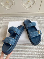 LV TWO-STRAP SANDALS 25S IN BLUE DENIM AND CALFSKIN WITH GOLD HARDWARE