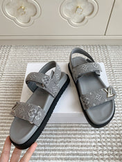 LV SANDALS 25S IN GREY DENIM AND CALFSKIN WITH SILVER HARDWARE