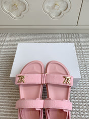 LV SANDALS 25S IN LIGHT PINK DENIM AND CALFSKIN WITH GOLD HARDWARE