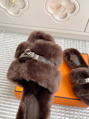 HM 25S ECLAIR SANDAL IN DARK BROWN SHEARLING WITH SILVER HARDWARE