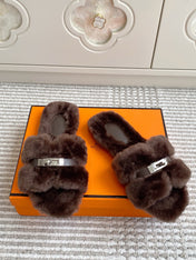 HM 25S ECLAIR SANDAL IN DARK BROWN SHEARLING WITH SILVER HARDWARE