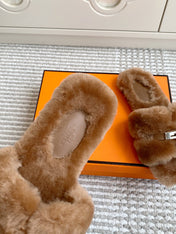 HM 25S ECLAIR SANDAL IN BROWN SHEARLING WITH SILVER HARDWARE