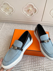 HM 25S SLIP-ON IN SKY BLUE CANVAS AND BLACK LAMBSKIN WITH SILVER HARDWARE