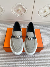 HM 25S SLIP-ON IN GREY CANVAS AND BLACK LAMBSKIN WITH SILVER HARDWARE
