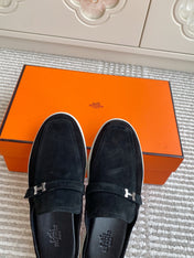 HM 25S MULES IN BLACK SUEDE WITH SILVER HARDWARE