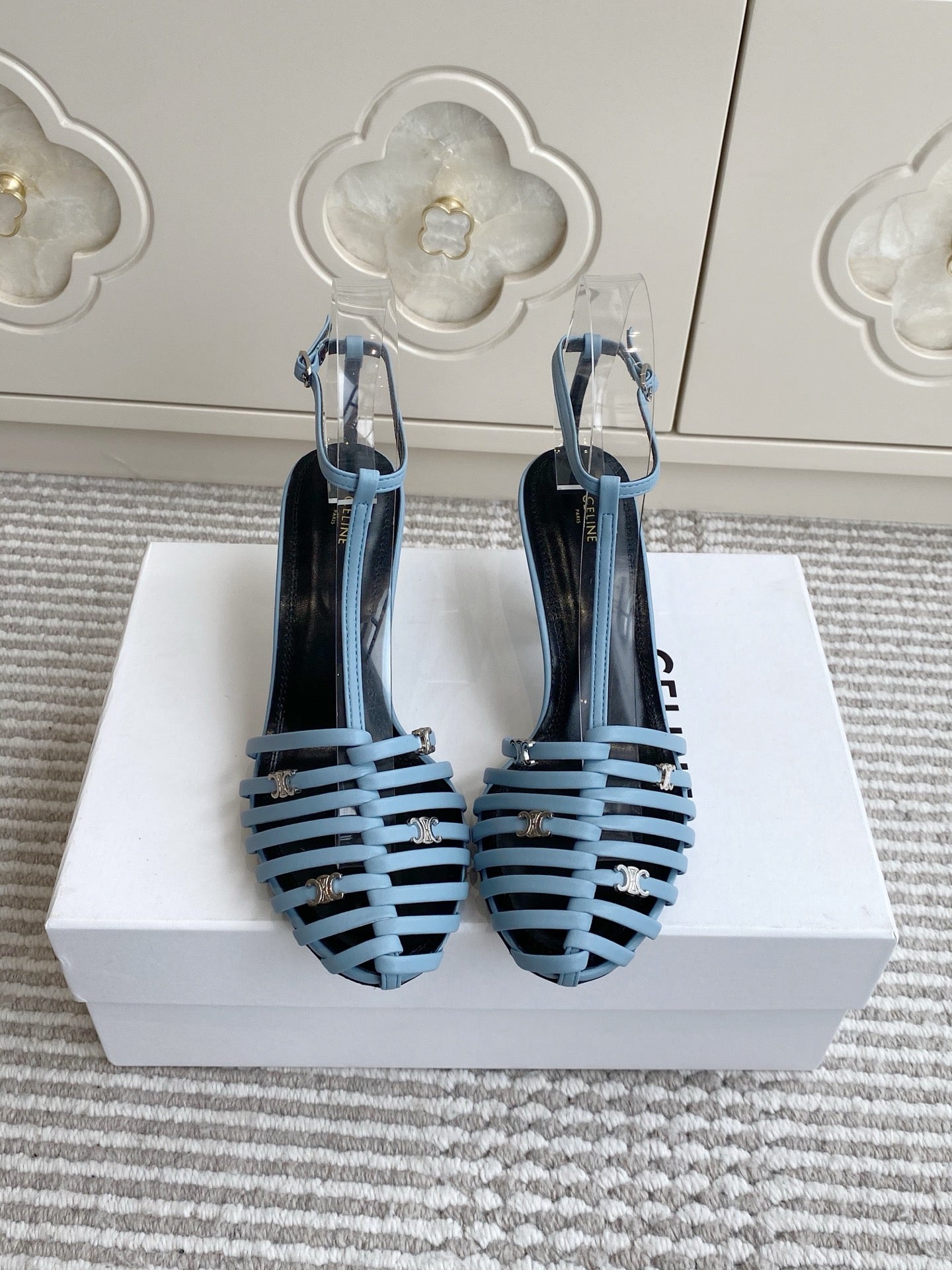 CELINE 26S CLEA TRIOMPHE GLADIATOR HEEL SANDALS 60 MM IN SKY BLUE LAMBSKIN