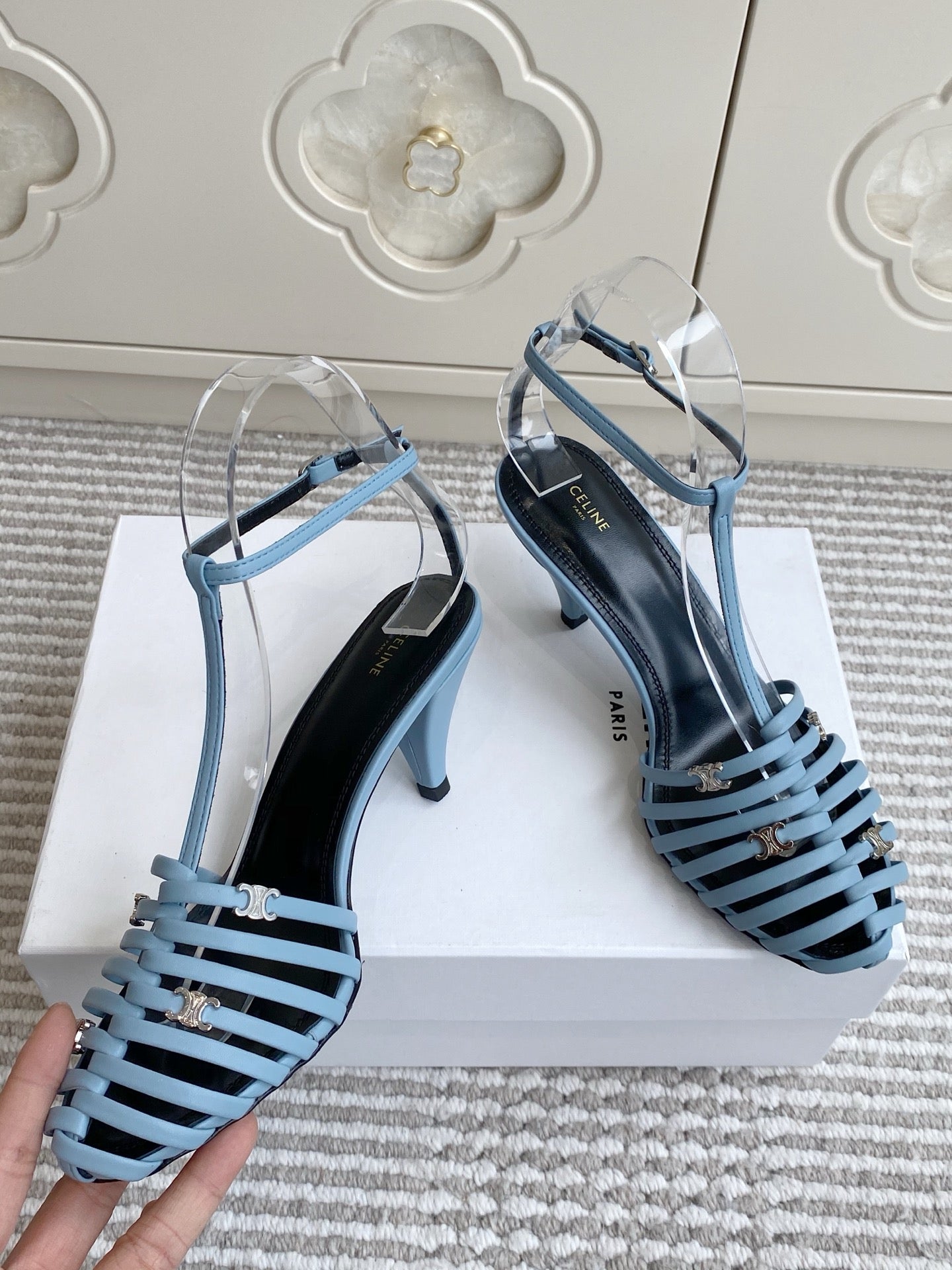 CELINE 26S CLEA TRIOMPHE GLADIATOR HEEL SANDALS 60 MM IN SKY BLUE LAMBSKIN