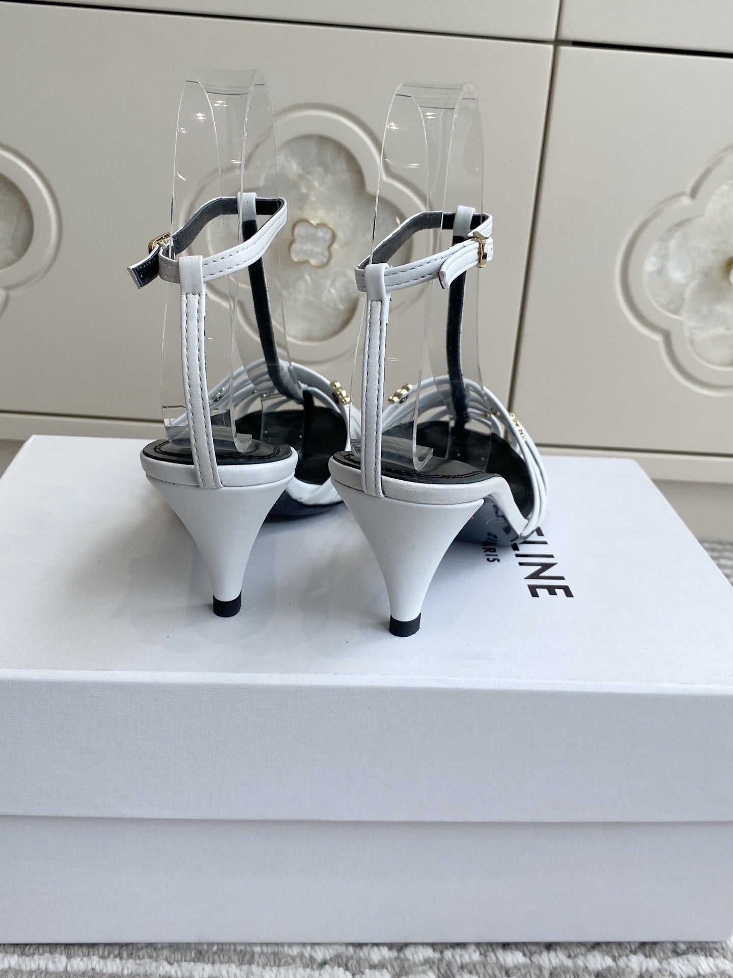 CELINE 26S CLEA TRIOMPHE GLADIATOR HEEL SANDALS 60 MM IN WHITE LAMBSKIN