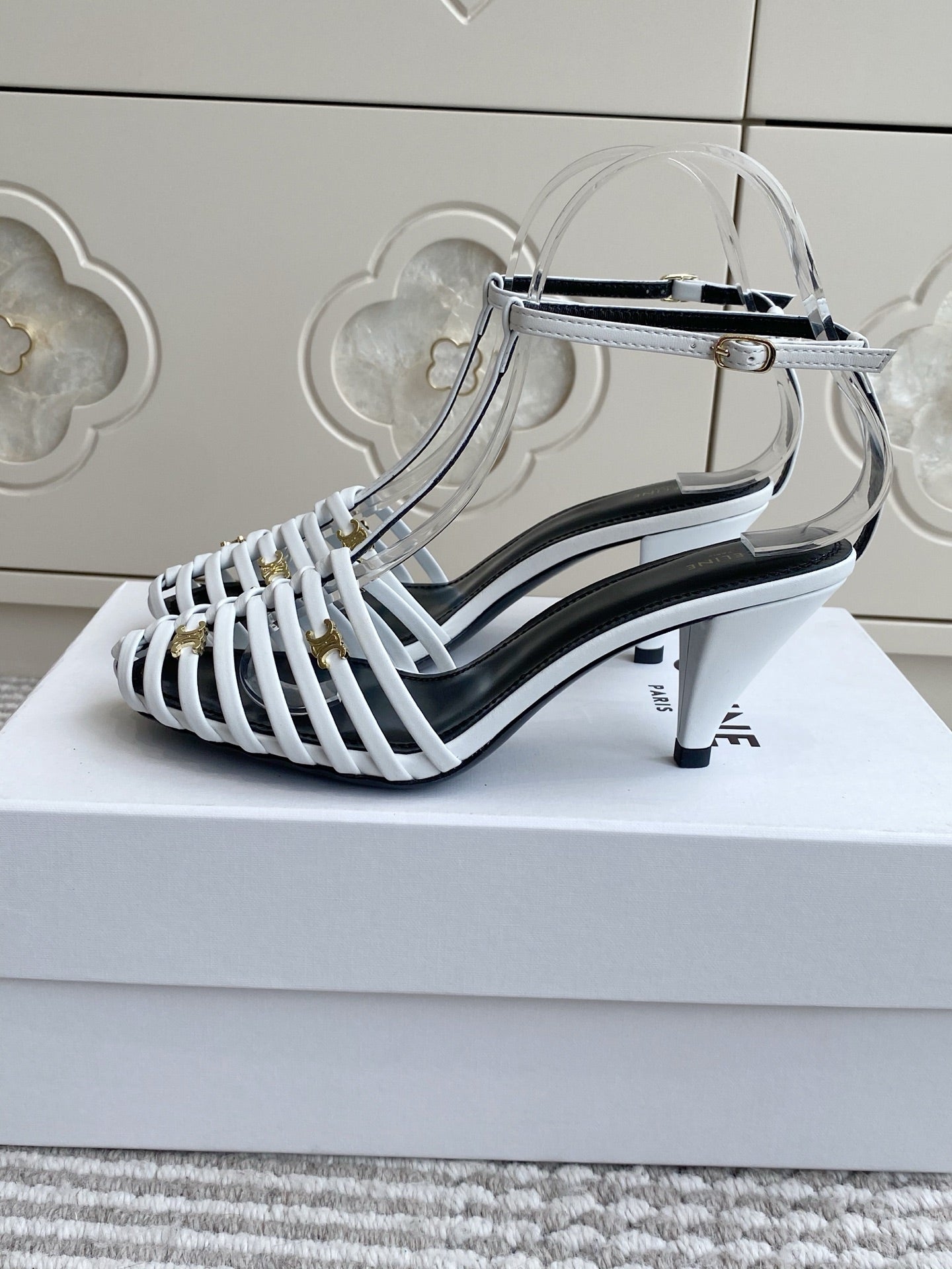 CELINE 26S CLEA TRIOMPHE GLADIATOR HEEL SANDALS 60 MM IN WHITE LAMBSKIN