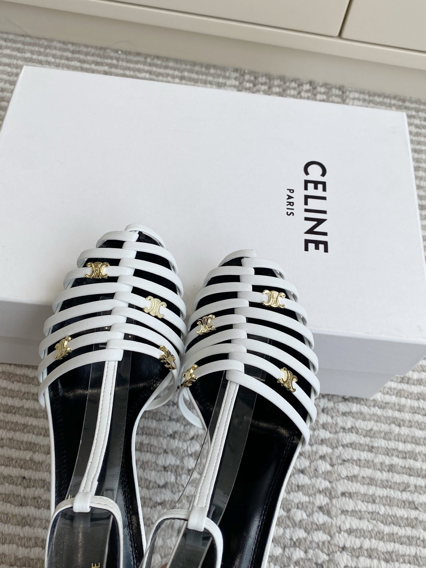CELINE 26S CLEA TRIOMPHE GLADIATOR HEEL SANDALS 60 MM IN WHITE LAMBSKIN