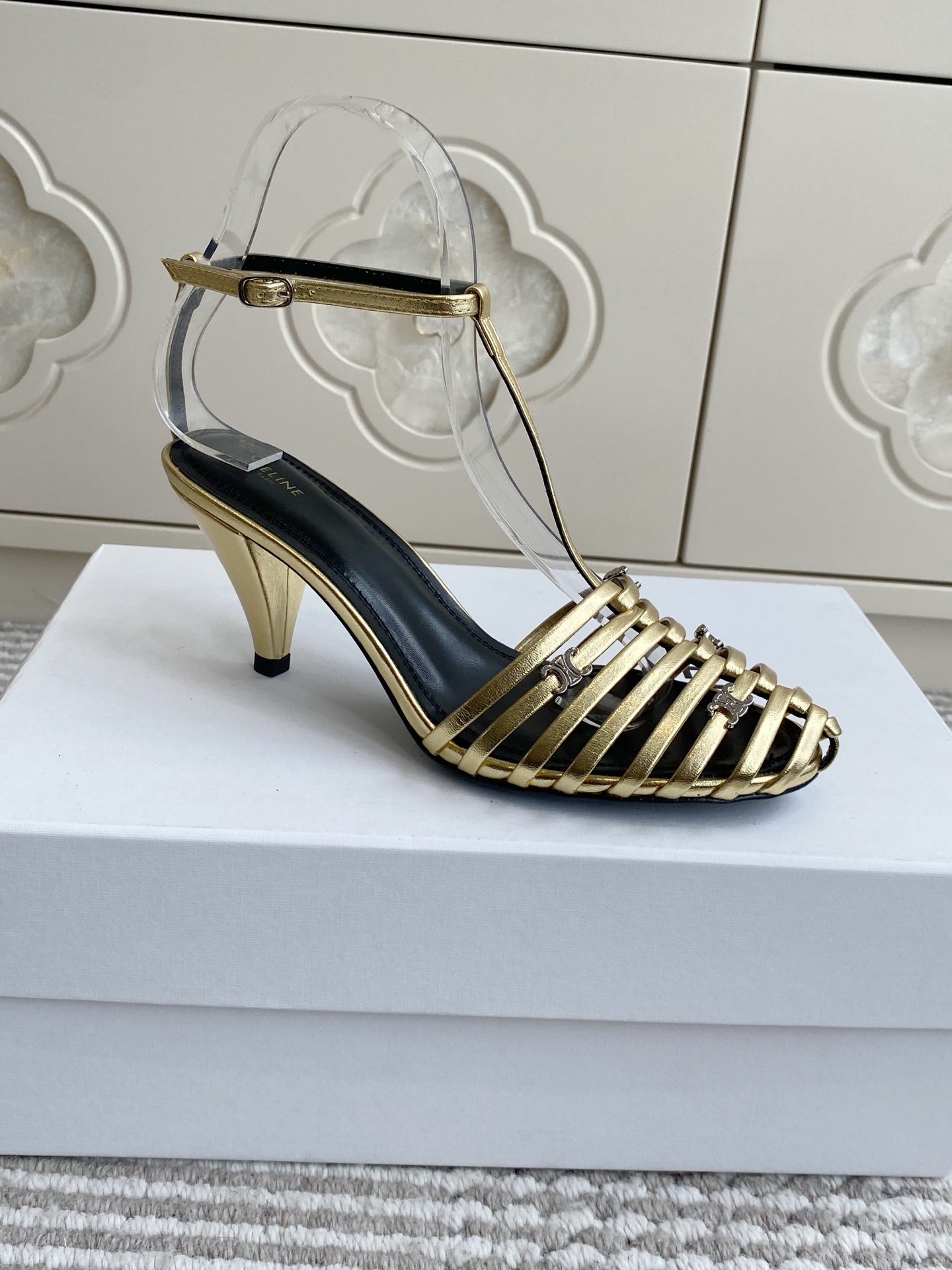 CELINE 26S CLEA TRIOMPHE GLADIATOR HEEL SANDALS 60 MM IN GOLD LAMBSKIN