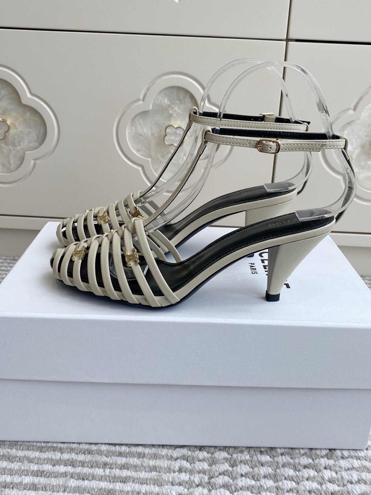 CELINE 26S CLEA TRIOMPHE GLADIATOR HEEL SANDALS 60 MM IN BEIGE LAMBSKIN
